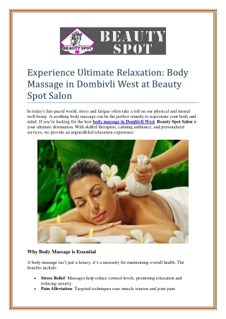 Experience Ultimate Relaxation: Body Massage in Dombivli West at Beauty Spot Sal