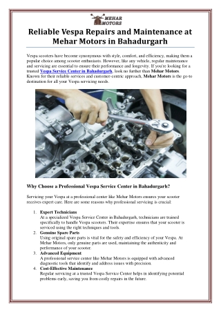 Vespa Service Center in Bahadurgarh - Mehar Motors