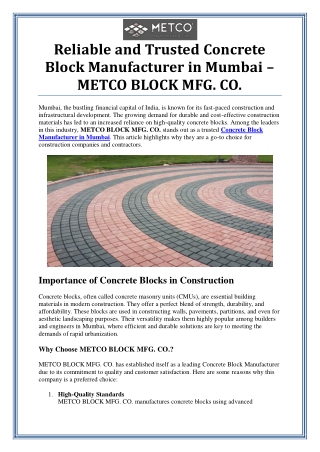 Concrete Block Manufacturer in Mumbai by METCO BLOCK MFG. CO.