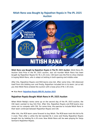 Nitish Rana was Bought by Rajasthan Royals in The IPL 2025 Auction