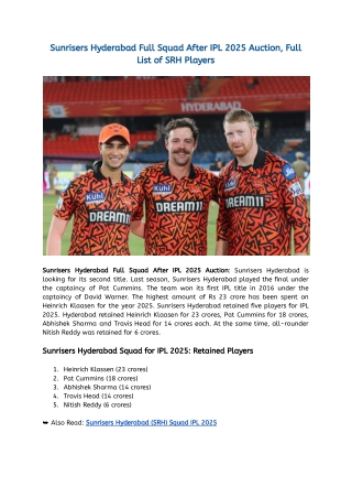 Sunrisers Hyderabad Full Squad After IPL 2025 Auction, Full List of SRH Players