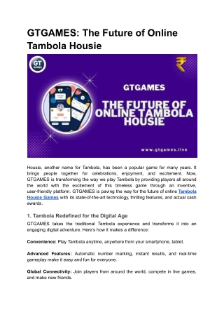 GTGAMES: The Future of Online Tambola Housie