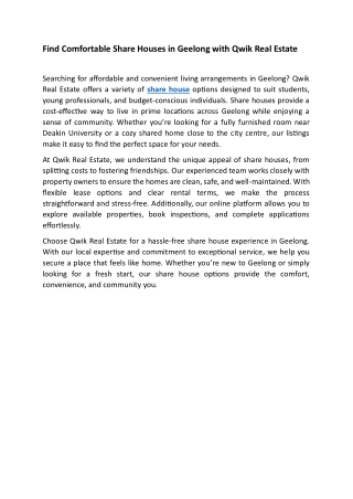 Find Comfortable Share Houses in Geelong with Qwik Real Estate