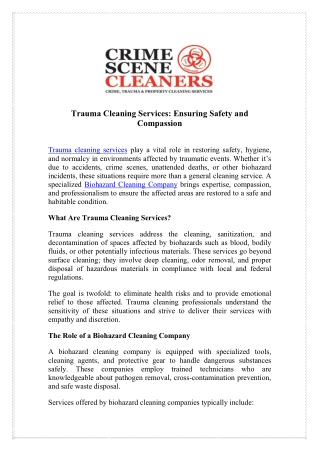 Trauma Cleaning Experts Available - Biohazard Cleaning Company