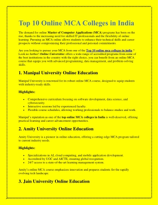 Top 10 Online MCA Colleges in India