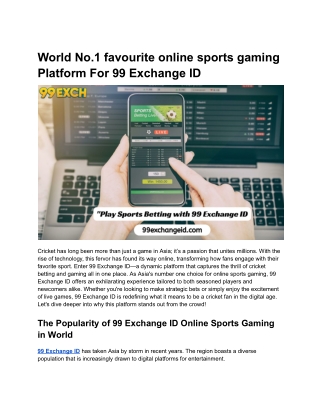 World No.1 favourite online sports gaming Platform For 99 Exchange ID