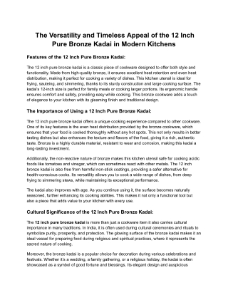 The Versatility and Timeless Appeal of the 12 Inch Pure Bronze Kadai in Modern Kitchens