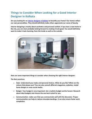 Things to Consider When Looking for a Good Interior Designer in Kolkata