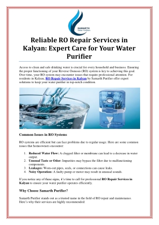 Affordable RO Repair Services in Kalyan at Your Doorstep