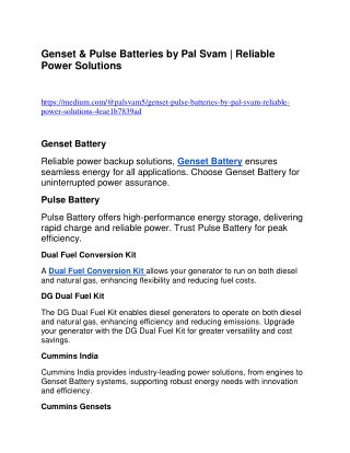 Reliable Genset Battery, Pulse Battery & Dual Fuel Conversion Kits | Pal Svam