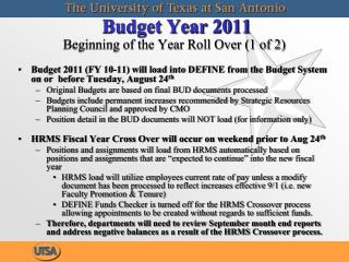 Budget Year 2011 Beginning of the Year Roll Over (1 of 2)