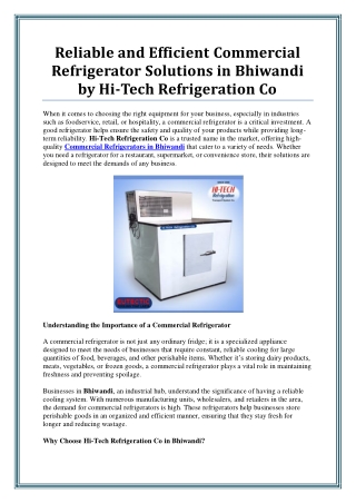 Commercial Refrigerator in Bhiwandi by Hi-Tech Refrigeration Co