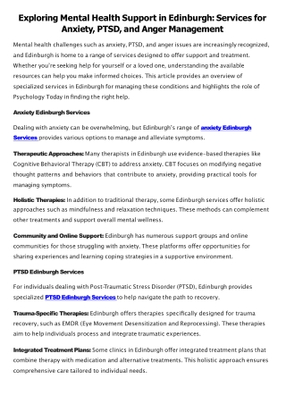 Exploring Mental Health Support in Edinburgh Services for Anxiety, PTSD, and Anger Management