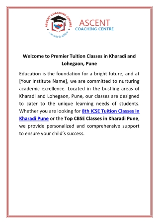 Welcome to Premier Tuition Classes in Kharadi and Lohegaon, Pune
