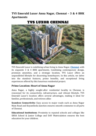 TVS Emerald Luxor Anna Nagar Chennai - 3/4 BHK Apartments