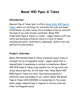 Monel 400 Pipes & Tubes Suppliers In India