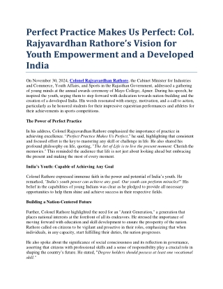 Perfect Practice Makes Us Perfect  Col. Rajyavardhan Rathore’s Vision for Youth Empowerment and a Developed India