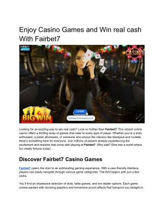 Enjoy Casino Games and Win real cash With Fairbet7