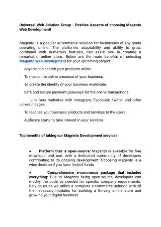 Universal Web Solution Group - Positive Aspects of choosing Magento Web Development!