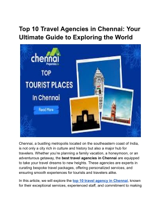 Top 10 Travel Agencies in Chennai: Your Ultimate Guide to Exploring the World