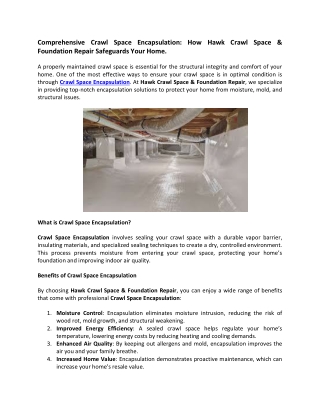 Comprehensive Crawl Space Encapsulation How Hawk Crawl Space & Foundation Repair Safeguards Your Home.