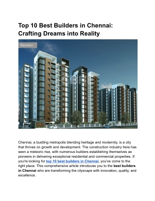 Top 10 Best Builders in Chennai: Crafting Dreams into Reality