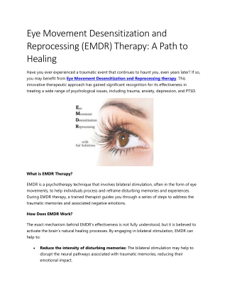 Eye Movement Desensitization and Reprocessing (EMDR) Therapy  A Path to Healing