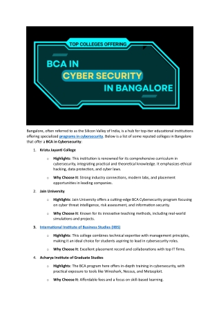 Top Colleges Offering BCA in Cyber Security in Bangalore