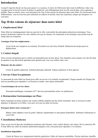 Top 10 des raisons de séjourner dans notre hôtel