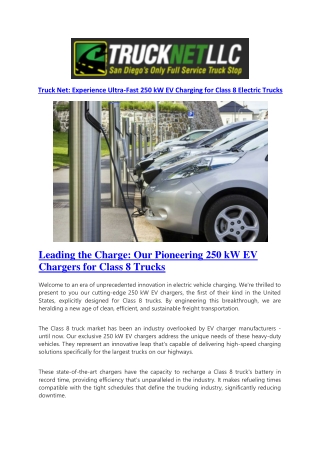 Experience electric truck fastest charging with Truck Net's powerful 250 kW EV chargers