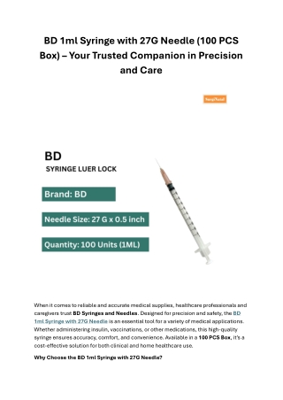 BD 1ml Syringe with 27G Needle – Your Trusted Companion in Precision and Care