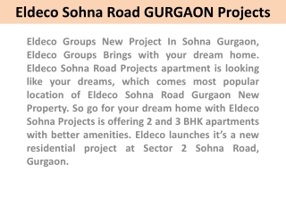 Eldeco Sohna Projects !! 91 9899606065!! Eldeco Sohna Road