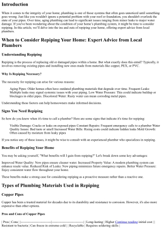 When to Consider Repiping Your Home: Expert Advice from Local Plumbers