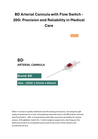 BD Arterial Cannula with Flow Switch - 20G: Precision and Reliability in Medical