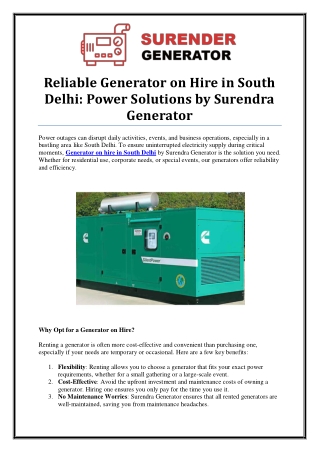 Reliable Generator on Hire in South Delhi for Uninterrupted Power Supply