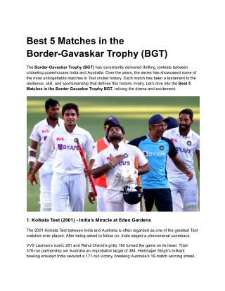 Best 5 Matches in the Border-Gavaskar Trophy (BGT)