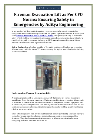 Fireman Evacuation Lift as Per CFO Norms by Aditya Engineering