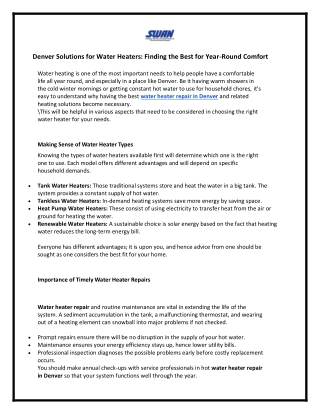 Denver Solutions for Water Heaters Finding the Best for Year-Round Comfort