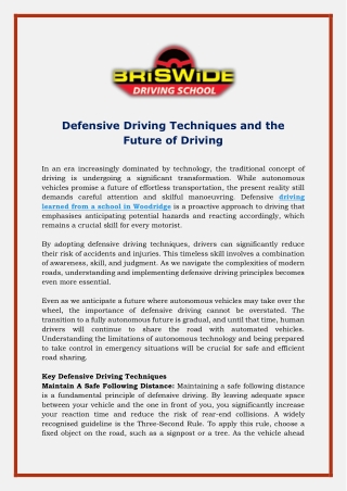 Defensive Driving Techniques and the Future of Driving