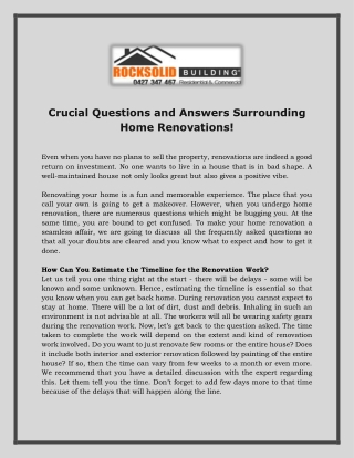 Crucial Questions and Answers Surrounding Home Renovations