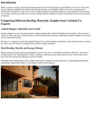 Comparing Different Roofing Materials: Insights from Carlsbad Ca Experts