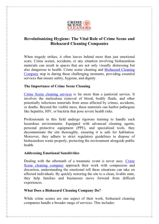 Call Now for Crime Scene Cleaning Services - Biohazard Cleaning Company