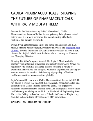 CADILA PHARMACEUTICALS: SHAPING THE FUTURE OF PHARMACEUTICALS WITH RAJIV MODI AT