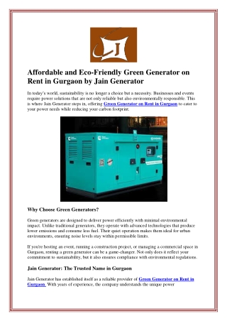 Affordable and Eco-Friendly Green Generator on Rent in Gurgaon by Jain Generator