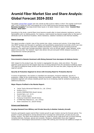 Aramid Fiber Market Outlook: Key Trends and Forecast 2024-2032