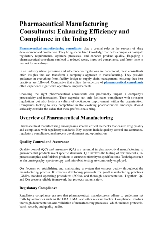 Pharmaceutical Manufacturing Consultants Enhancing Efficiency and Compliance in the Industry