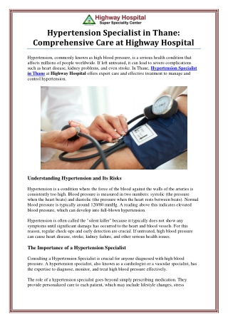 Hypertension Specialist in Thane - Highway Hospital