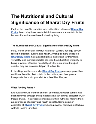 The Nutritional and Cultural Significance of Bharat Dry Fruits