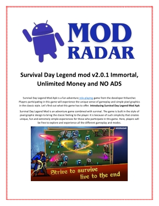 Survival Day Legend mod v2.0.1 Immortal, Unlimited Money and NO ADS