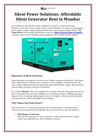 Silent Generator Rent in Mumbai by Taj Trans Powers